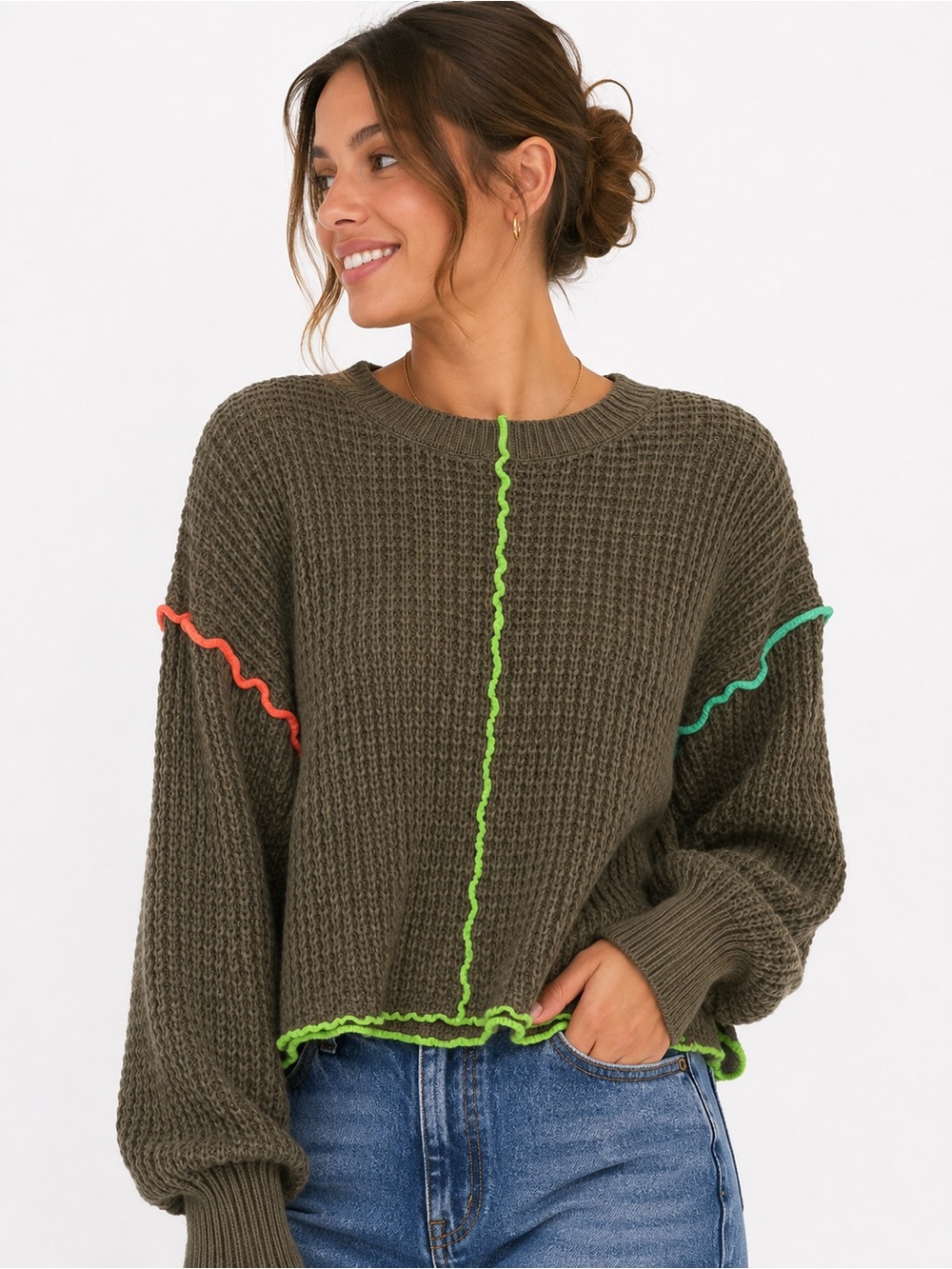 New IN Women’s Waffle Knit Sweater Medium Brown Neon Contrast Stitch - Picture 3 of 15